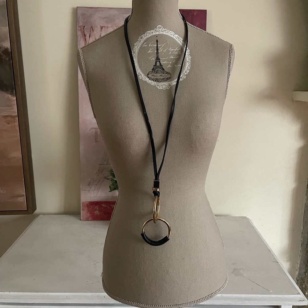 Zara Black Faux Leather and Goldtone Long Necklace